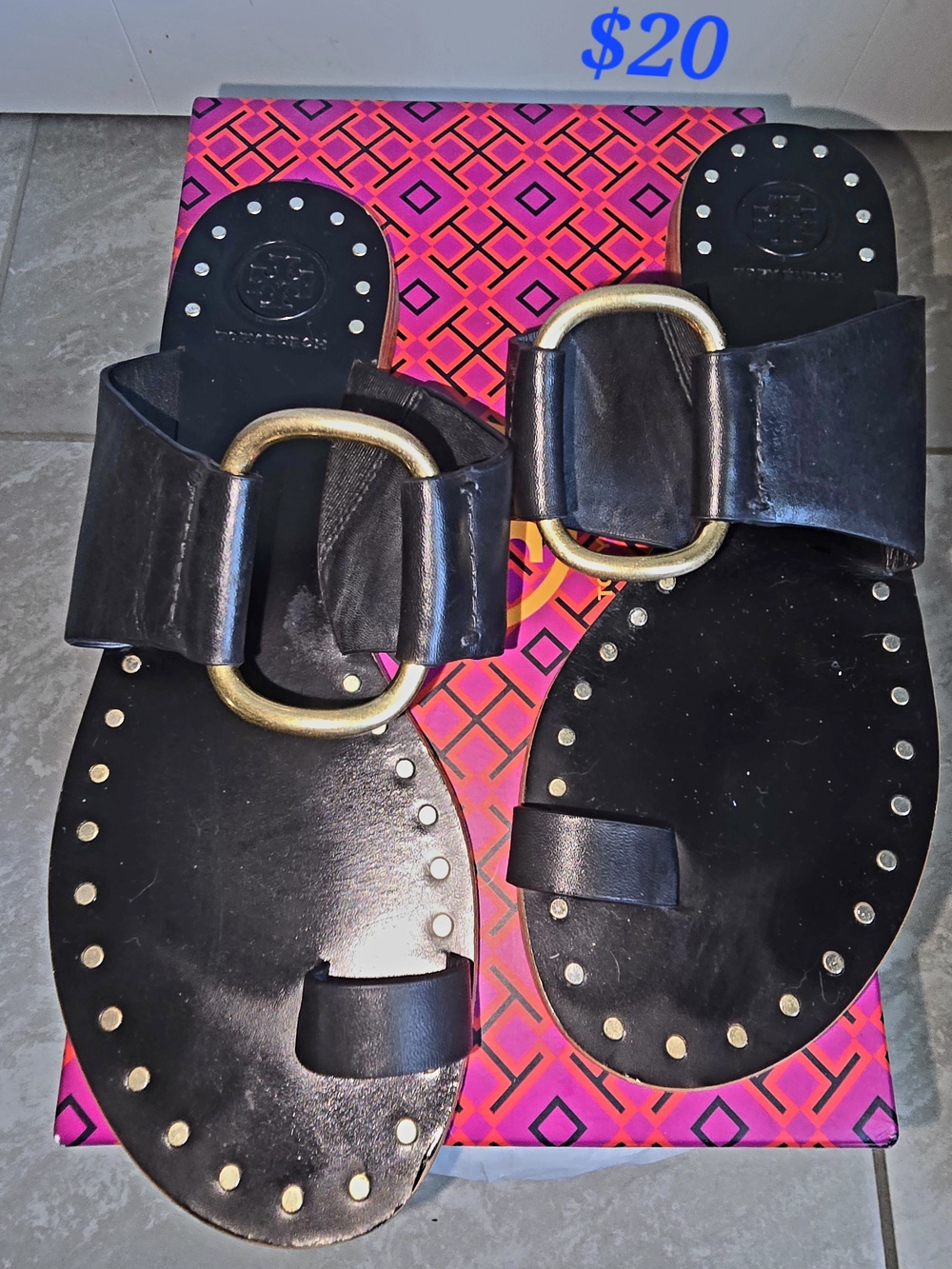 Tory Burch Black Leather Slide Sandals with Gold Buckle